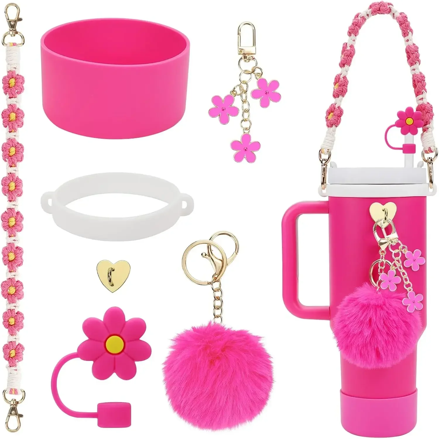 7/8pcs Cup Accessories Set for Stanley Including Handle Strap, Siliocne Cup Boot Straw Cover Charms for 40 30 oz Tumbler