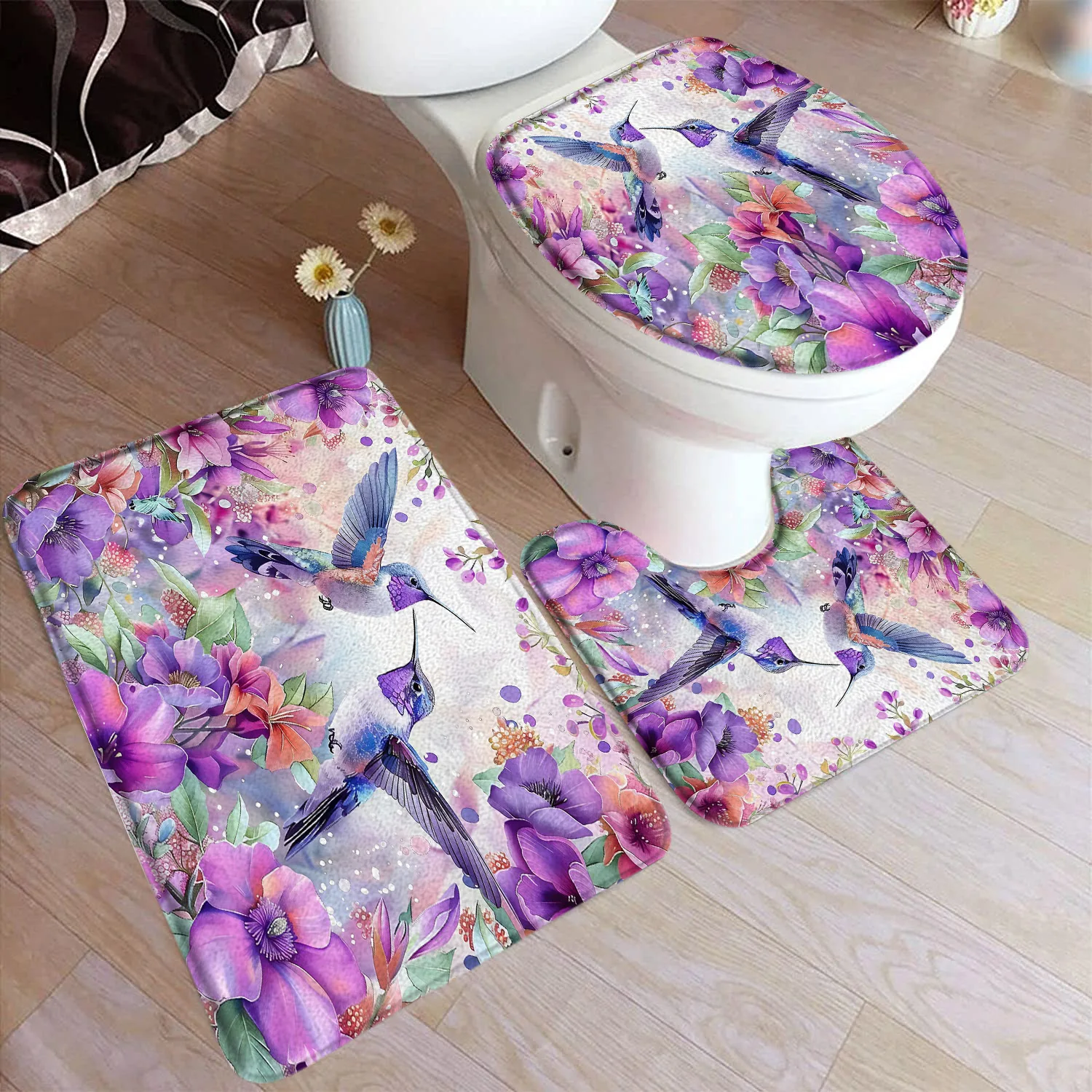 

Hummingbird Bath Mat Set Purple Birds Floral Plants Modern Home Carpet Bathroom Decor Floor Rugs U-shaped Mats Toilet Lid Cover