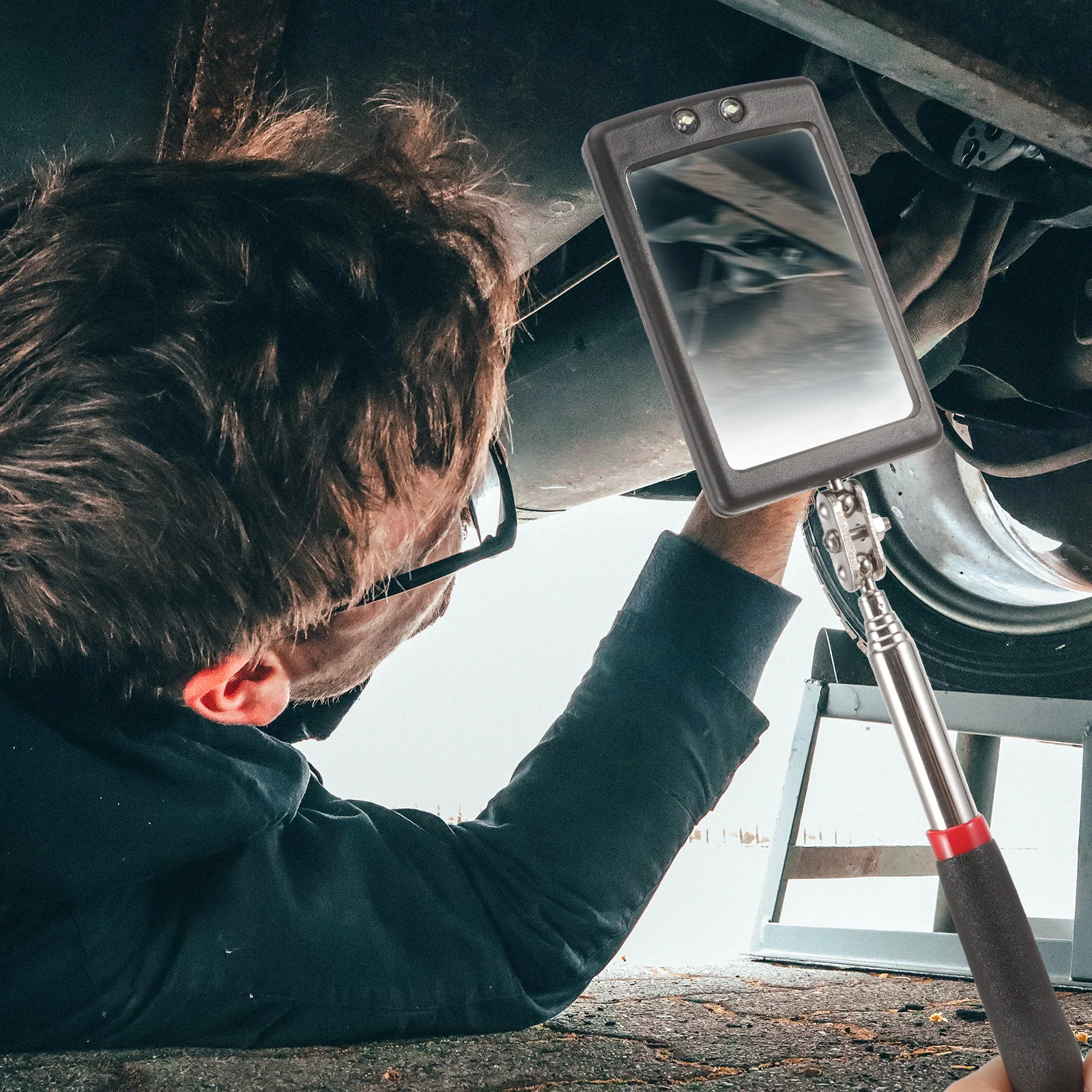 

2pcs Car Underbody Inspection Mirror Adjustable Telescoping Led Mechanic Tool For Vehicle Chassis Check Flexible Telescope