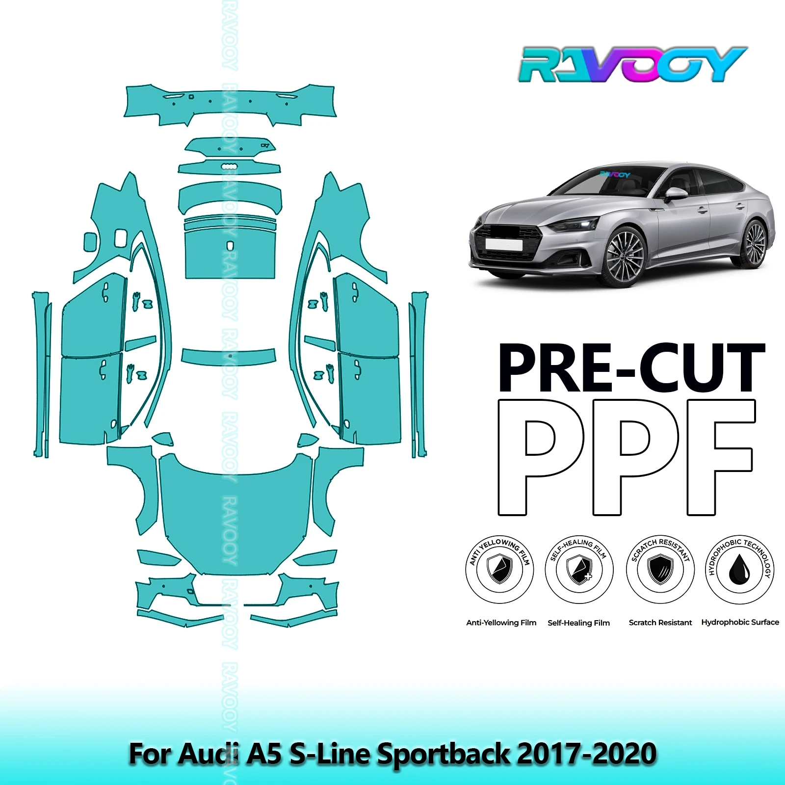 RAVOOY Custom-Fit Precut TPU PPF Full Vehicle Clear Bra Stone Guard EU UK For Audi A5 S-Line Sportback 2017-2020