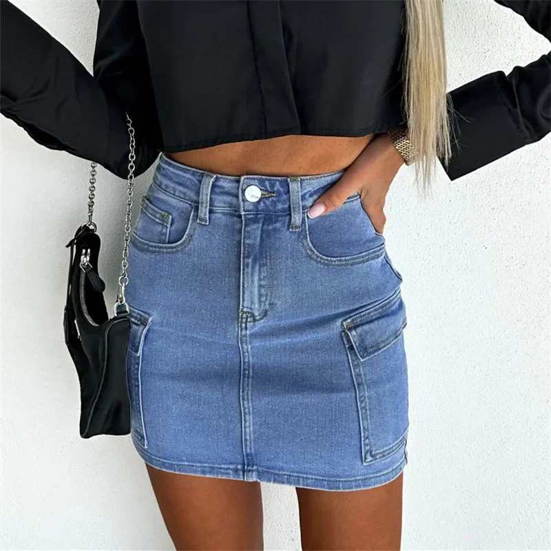 Dames Meerdere Zakken Rechte Denim Rok Vrouw Slim Fit Wikkel Heup Half-Body Jurk Vrouw Amerikaanse Stijl Casual Forensenkleding