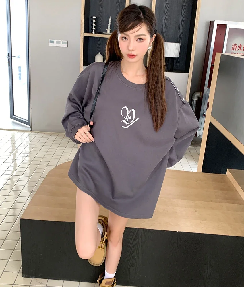 Autumn 2024 new China-Chic brand four button shoulder open sweater floral letters long sleeve trendy street top T-shirt