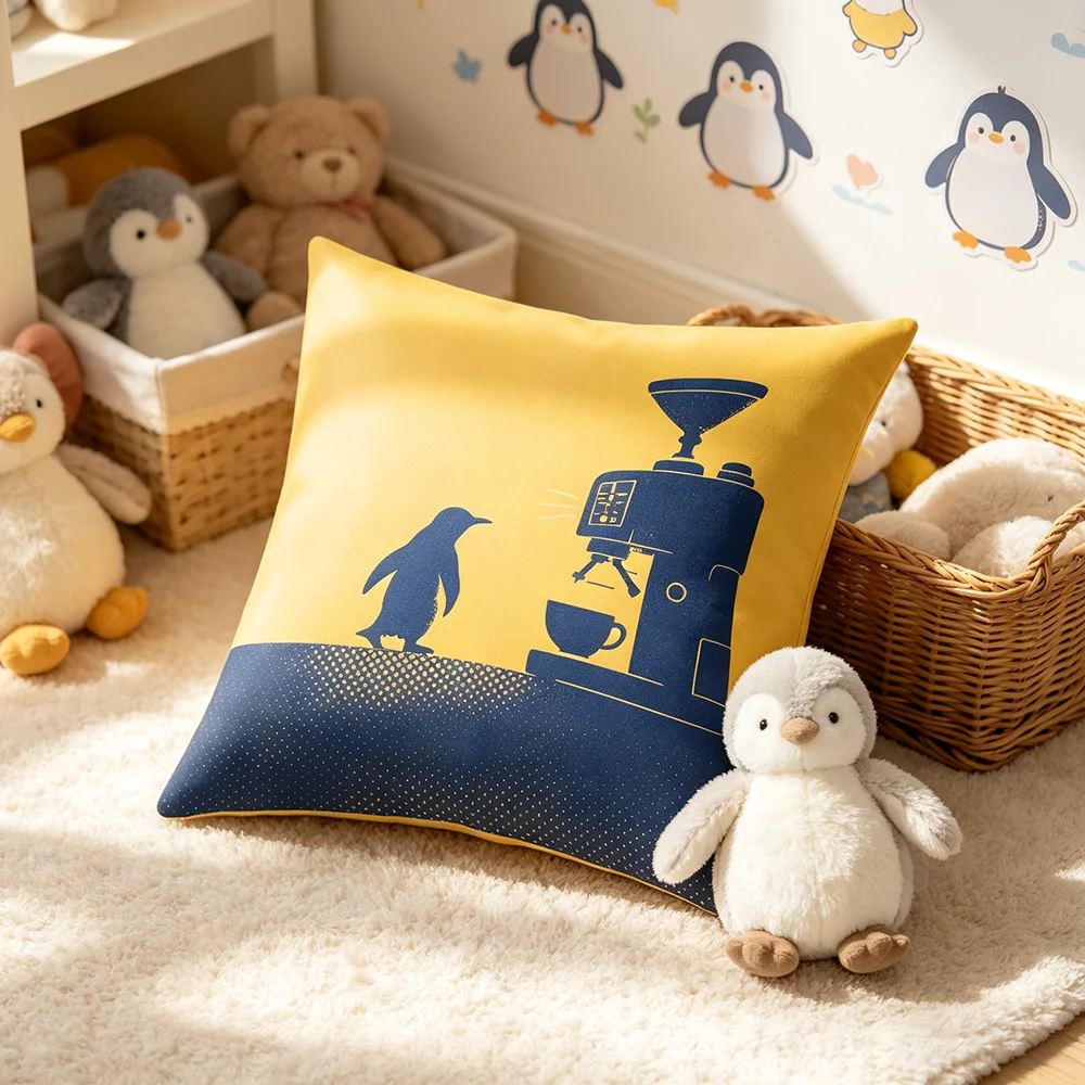 1PC Throw Pillow Cover,Penguin Coffee Maker Yellow Print,Cute Cartoon Style,For Sofa Bedroom Couch Home Decor