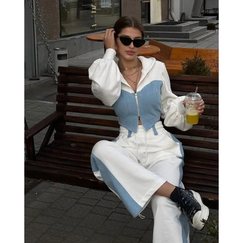 2025 estilo europeu e americano moda casual hoodie denim retalhos com capuz superior calças compridas conjunto de duas peças roupas femininas