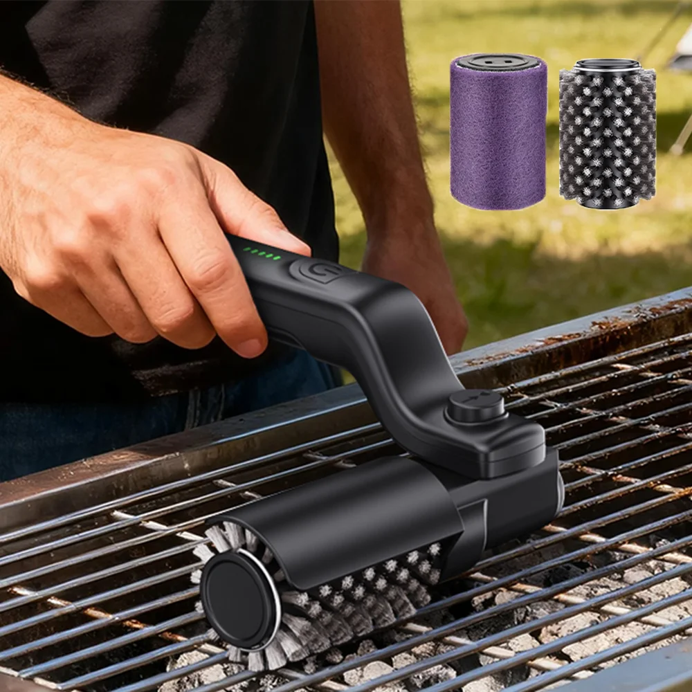 2026 New Electric BBQ Brush 304 Stainless Steel Rotating Brush Head Non-Shedding Bristles Rechargeable 3-Speed Power Control