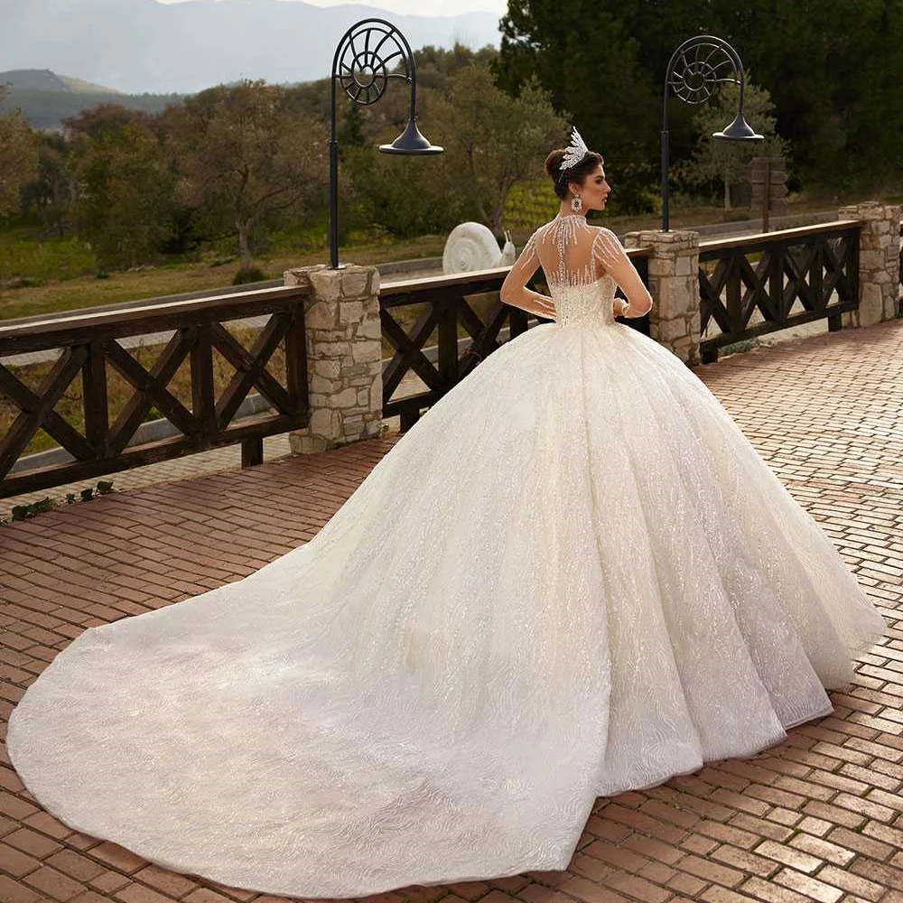 Vestido de baile romântico com lantejoulas, manga comprida, vestido de noiva brilhante, vestidos de casamento, vestido de noiva luxuoso