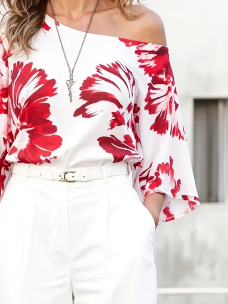 UOOZEE 2025 New Fashion Contrast Color Floral Printed Tops For Women Long Sleeves One-Shoulder Loose Casual Office T-shirts view 3