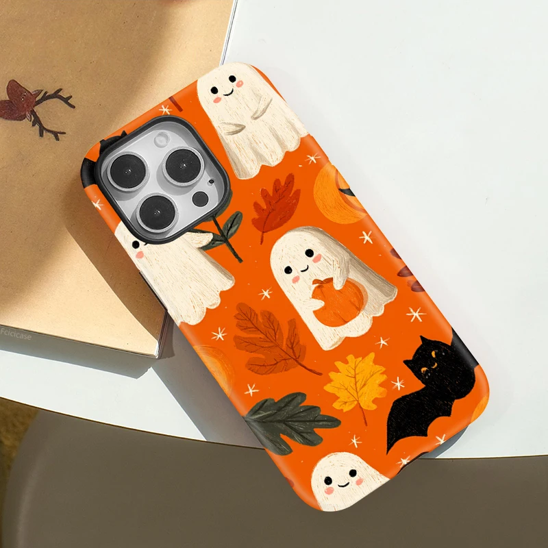 FCICICASE 할로윈 호박 폰 케이스 (아이폰 16, 15, 14 플러스, 13, 12, 11 프로 맥스용) 마그네틱 맥세이프 무선 충전 하드 커버