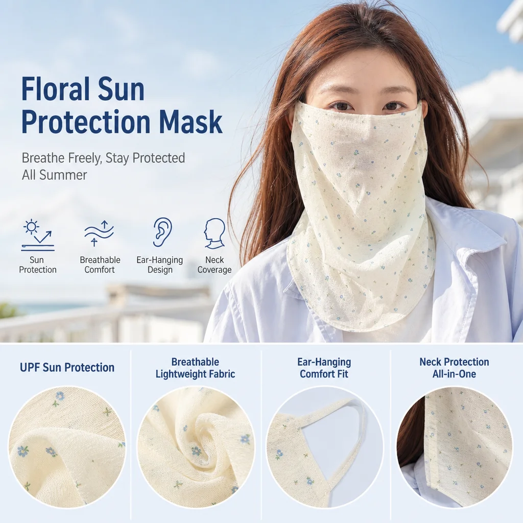 1pc Floral Sun-Protection Mask Breathable UPF50+ Face Cover for Women Summer Outdoor Travel, Lightweight Neck Guard Durable