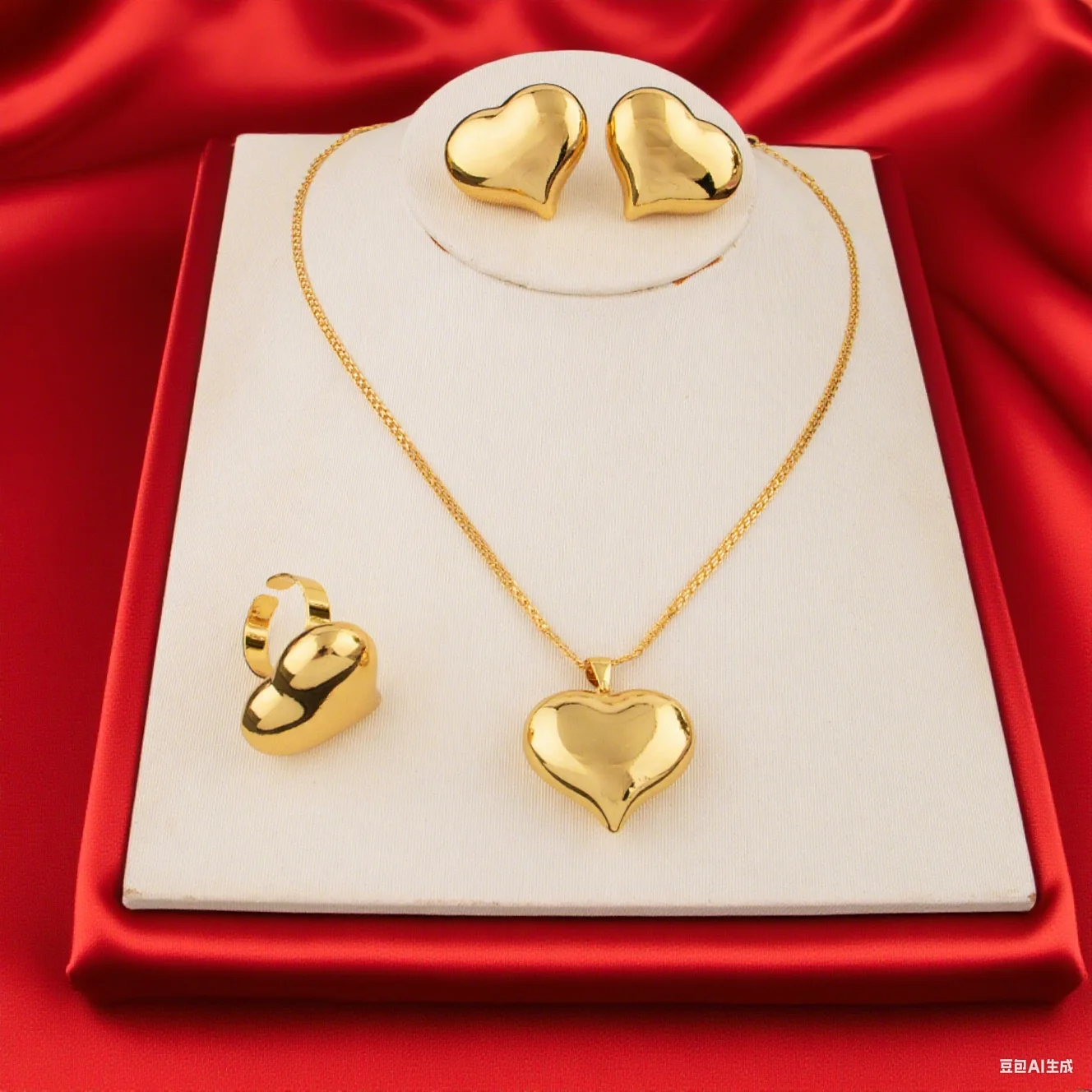 Minimalistisches Herz-Schmuckset aus goldfarbenem Edelstahl für Damen, schickes Alltagskleidungs-Ohrring-Halsketten-Ring-Kombinationsgeschenk – Detail 5