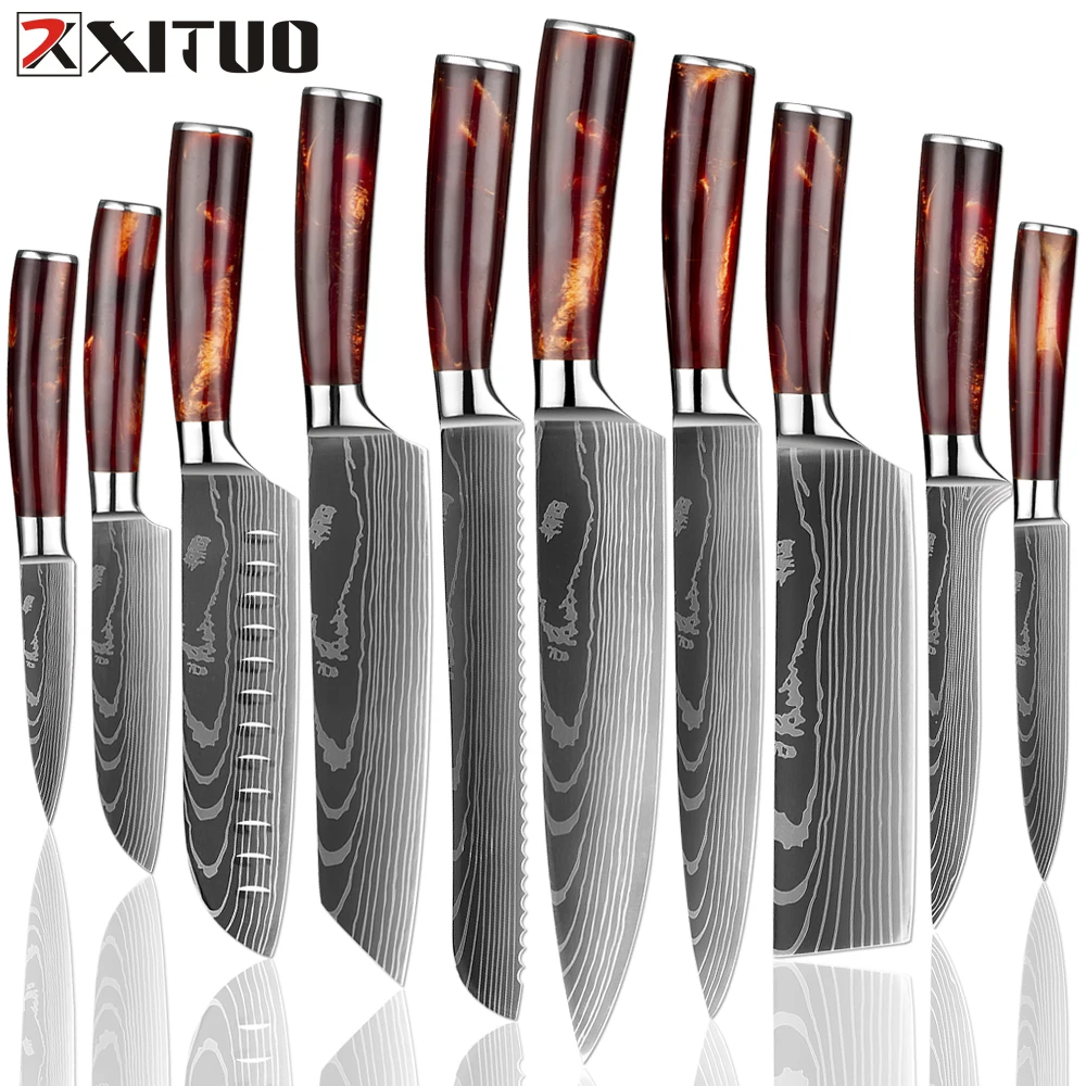 

XITUO kitchen knives Set Laser Damascus pattern chef knife Sharp Santoku Cleaver Slicing Utility Knives Resin Handle Best Gift