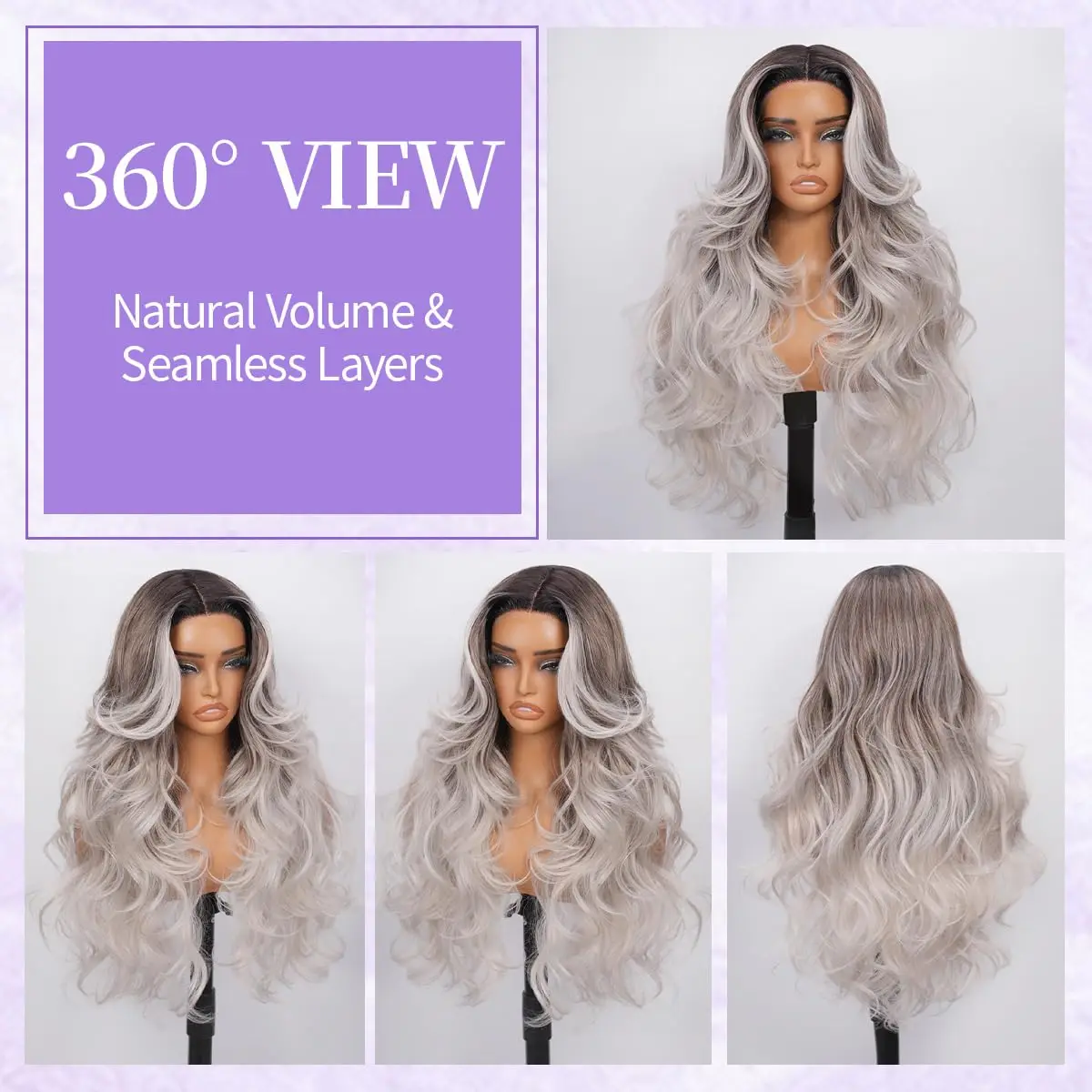 13x4x1 HD Transparent Lace Front Wig 26 Inch Ombre Black Root Silver Grey Long Body Wave Synthetic Wig Pre‑Plucked Hairline Heat
