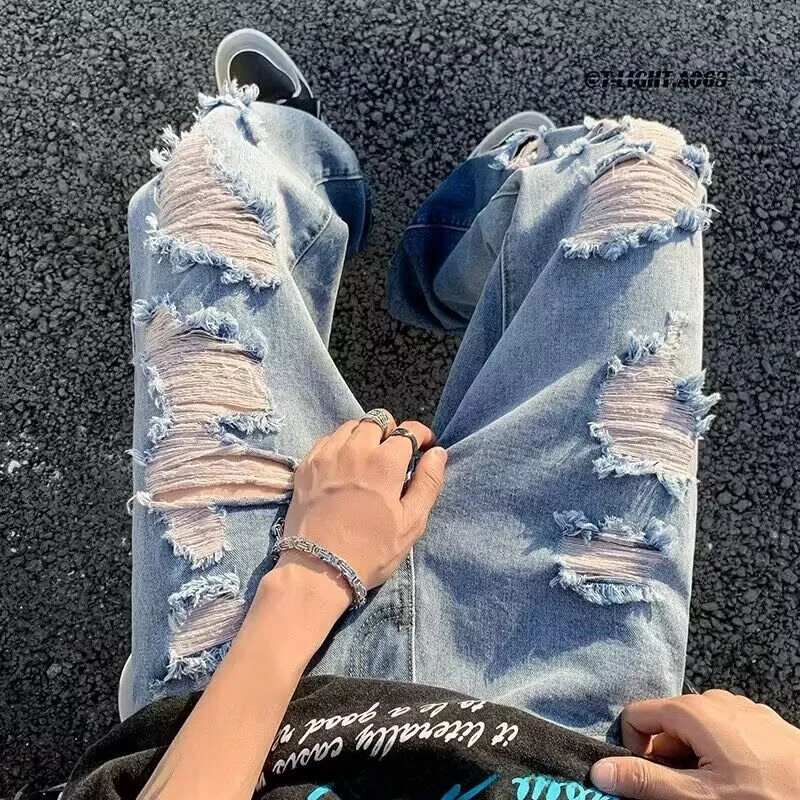 

American High Street Men's Jeans Summer Faion Straight Leg Long Pants Worn out Sle Casual Wear Resistant And Comfortable