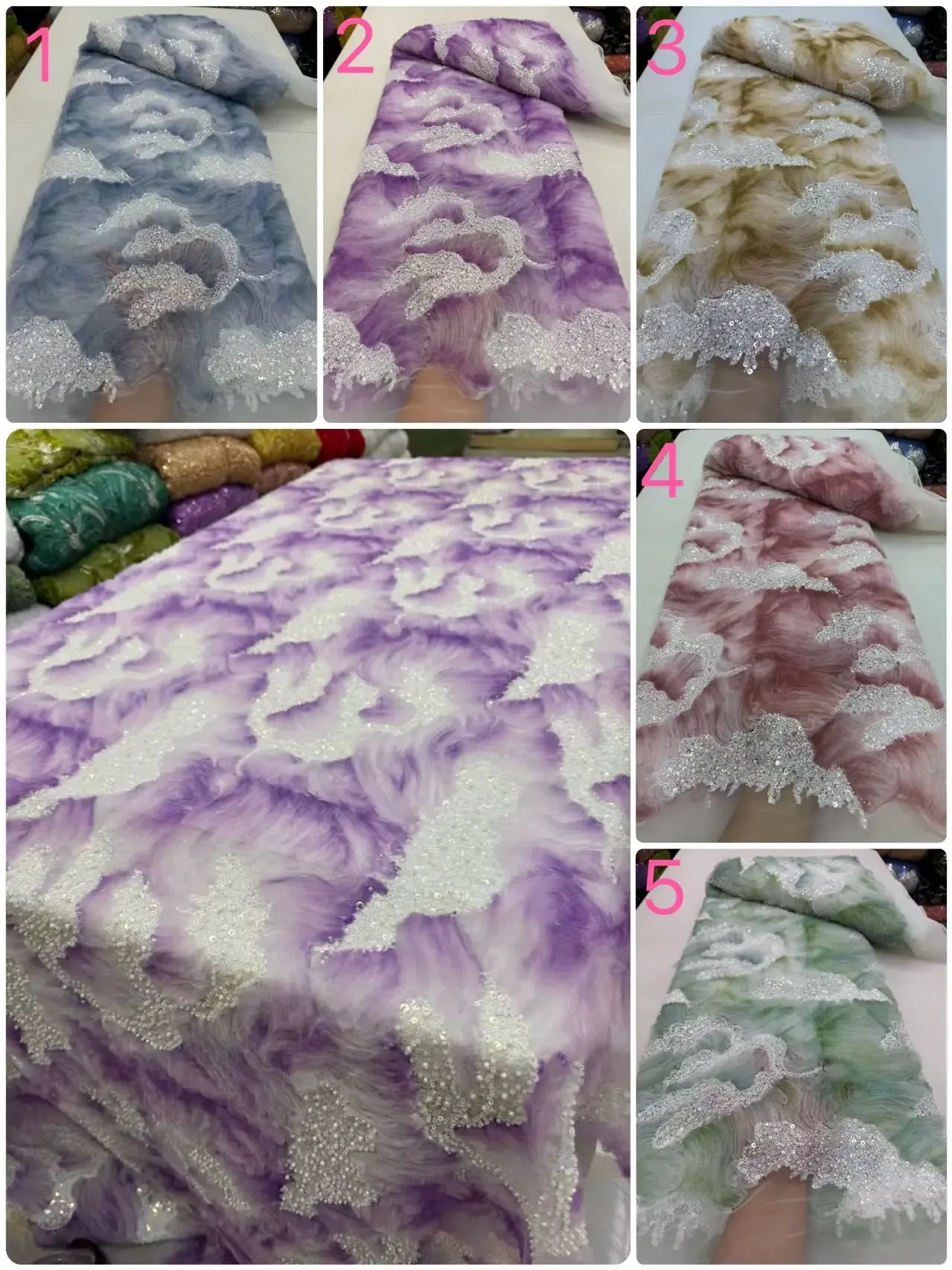 ผ้าลูกไม้ตาข่ายปักลายพิเศษสีสันสดใส ดีไซน์พิเศษจากไนจีเรีย คุณภาพเยี่ยม ประดับด้วยลูกปัดและเลื่อม เหมาะสำหรับตัดเย็บชุดแต่งงานผู้หญิง รุ่น TP1540