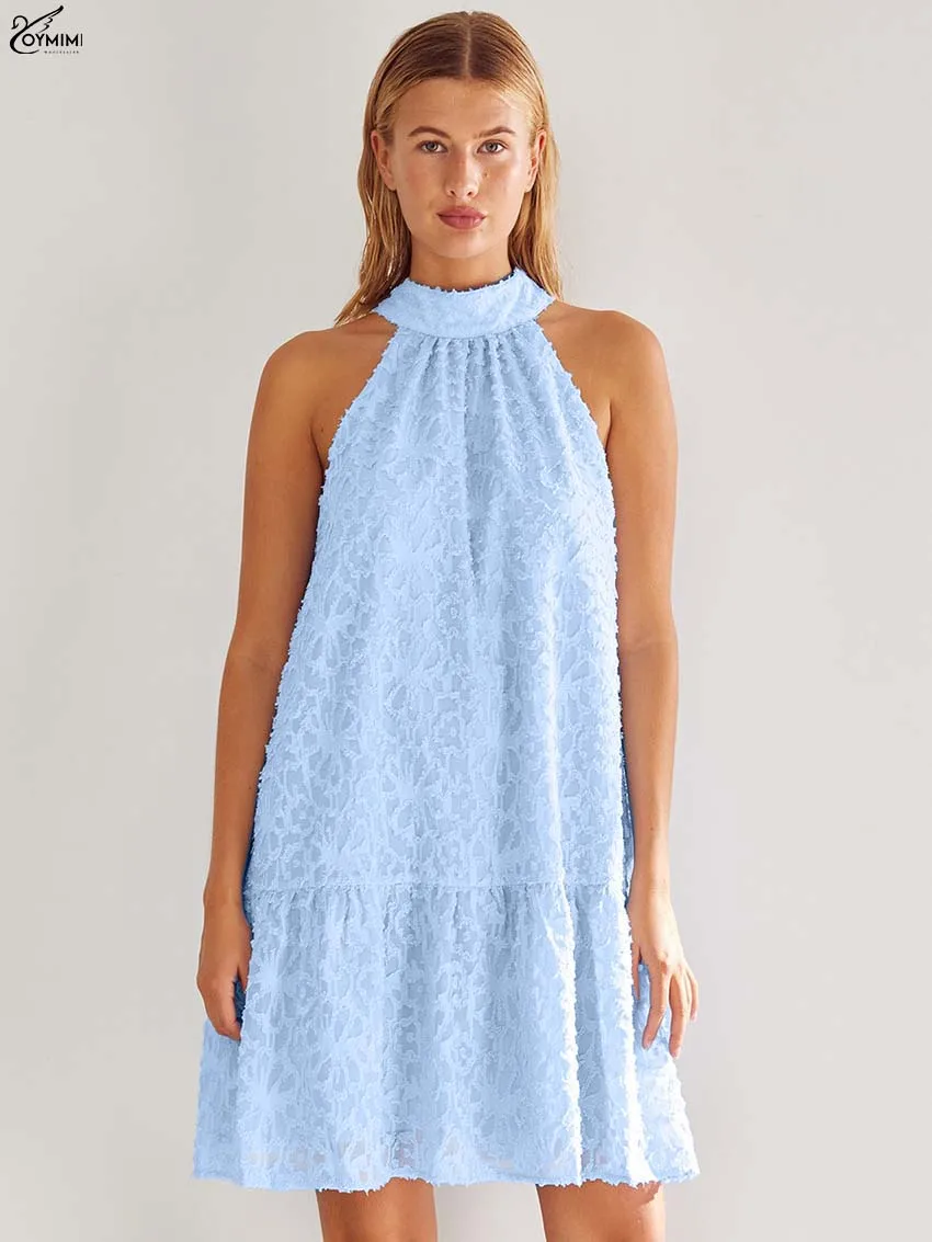 

Oymimi Fashion Blue O-Neck Womens Dresses Autumn Lace-Up Sleeveless Loose Dresses Casual New Pleated Mini Dress Female Clothing