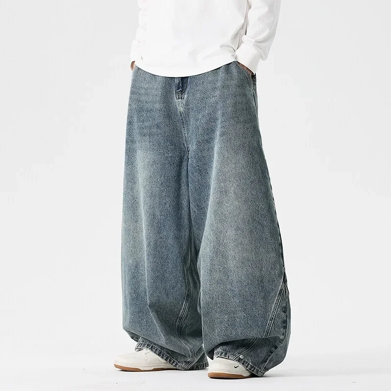 Men's Pants Japanese Hong Kong Style Jeans Trendy American Retro Washed Casual Wide-leg Pants Fat Straight Jeans