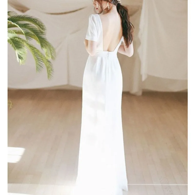 Backless Sexy Wedding Dresses Elegant Long Mermaid Dress With Short Sleeve Newest Satin Simple Bridal Dresses Customized