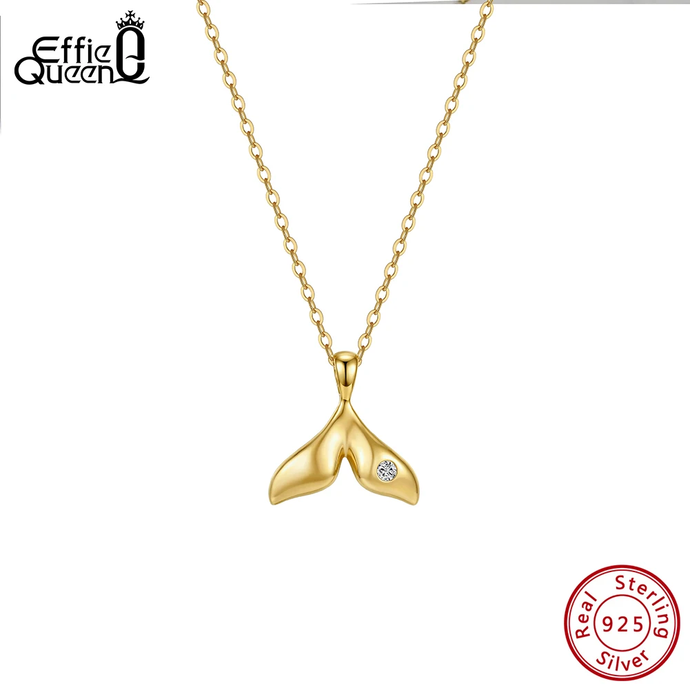 Effie Queen S925 Silver Fish Shape Shiny Zircon Charm Pendant Necklace Fashion Fishtail Chain Link Jewelry Party Gift SAPN64
