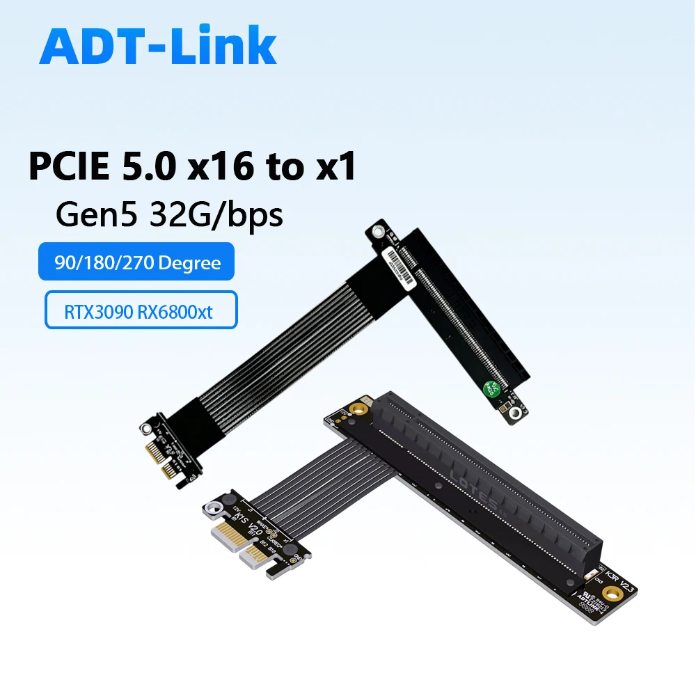 ADT-Link PCIe 5.0 X1-x16 GPU Riser Cable 32Gbps Non USB Video Extension Cord for RTX3090 RX6800XT 4.0 PC Mod Engineering Test