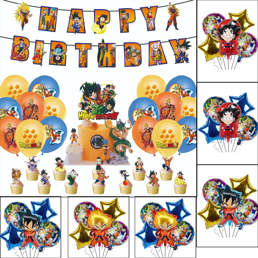 Banderines desechables de dibujos animados de Dragon Ball wukong, suministros para fiestas de cumpleaños, decoración para Tartas, conjunto de globos colgantes