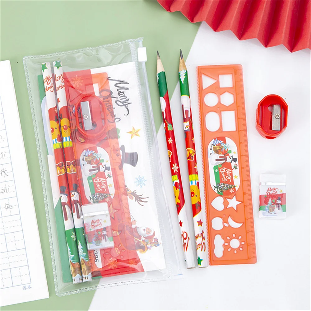 1 Set /5pcs Christmas Gift Stationery Set Pencil Eraser Pencil Sharpener Ruler Student Writing Instruments Kids School Supplies