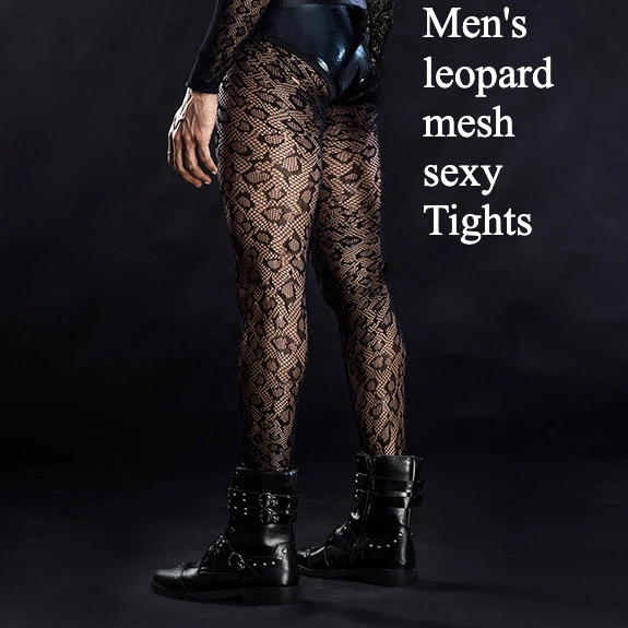Men's Leopard Mesh Sexy Pantyhose Male Tights Sissy Bodystockings Husband Fishnet Socks Fetish Guy Costumes calcetines largos