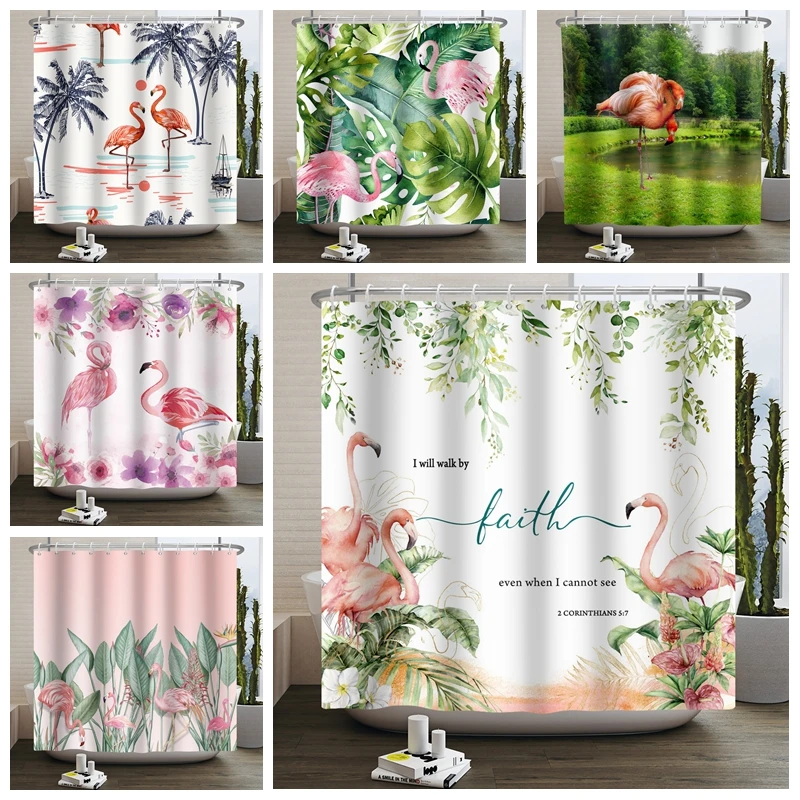 

Animal Flamingo Shower Curtain Tropical Green Leaves Floral Waterproof Fabric Bathroom Accessories Curtain 180x200 Rideaux