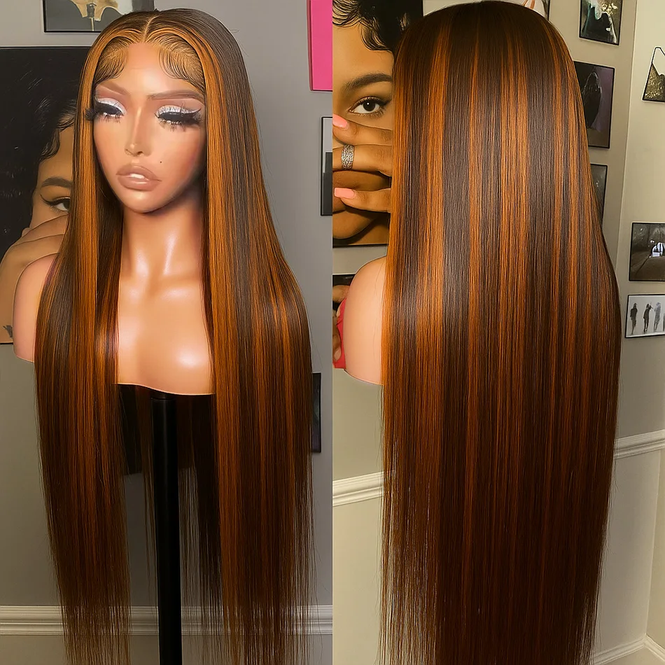 ترقية الزنجبيل مع براون تسليط الضوء على شعر مستعار شعر طبيعي مفرود الباروكات Bralizian Balayage أومبير الملونة 5x5 غلويليس شعر مستعار ارتداء للذهاب