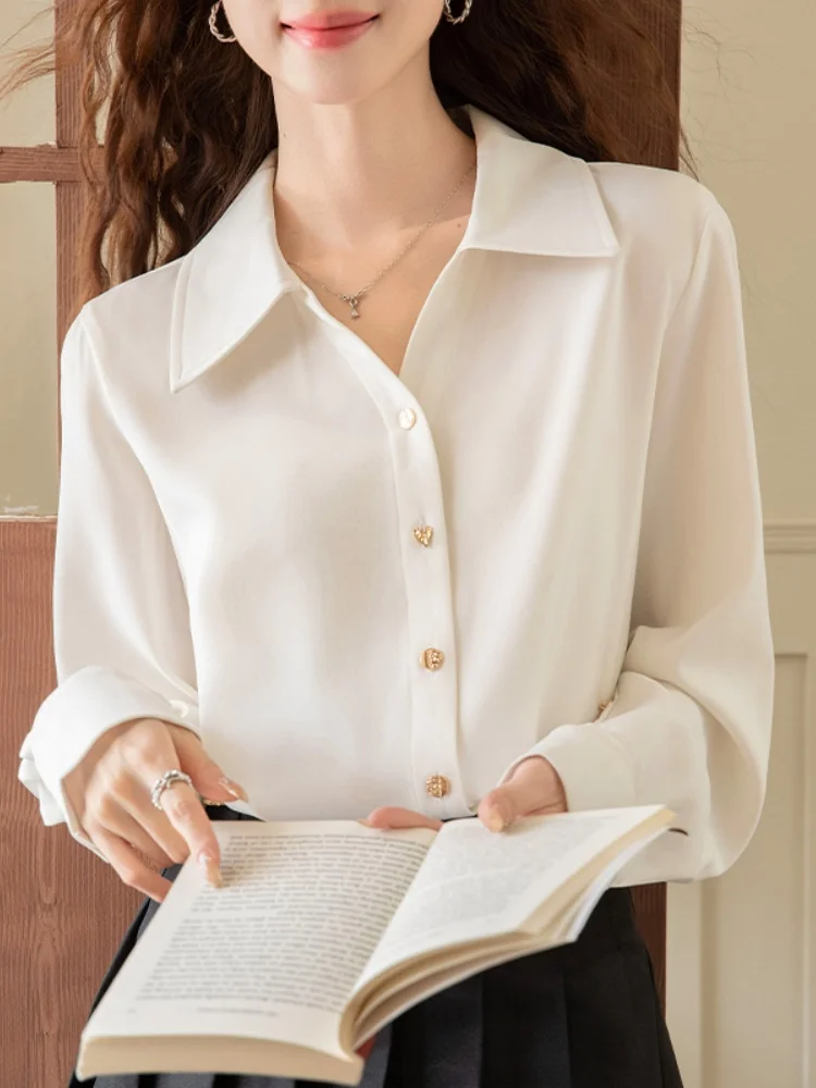 

Ele V-Ne Long Sve White irt Women's Faion Design Spring Autumn New Sle Commute Wind Straight Cut Korean Version