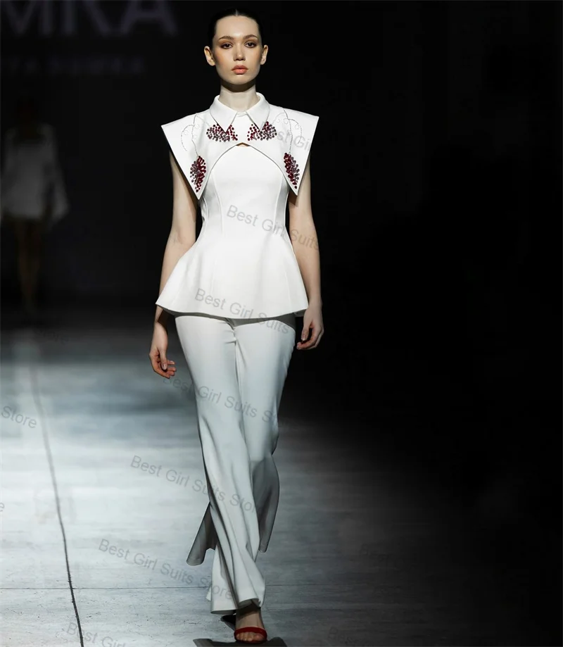 

Crystals White Women Suit Set 2 Pcs Sleeveless Blazer+Flare Pants Formal Office Lady Jacket Customized Wedding Tuxedos Prom Coat