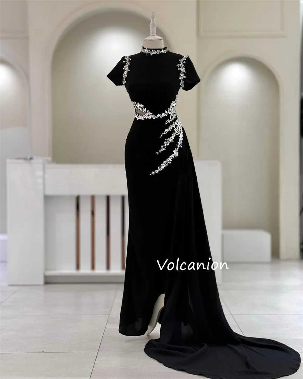 Customized Jersey Sequined Beading High Collar A-line Long Dresses Bespoke Occasion Classic Exquisite Formal Evening