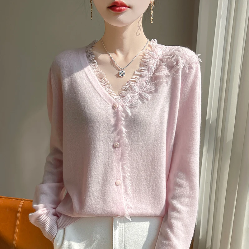 Hot selling new women's knitted V-neck cardigan cashmere wool sweater fashionable and exquisite thin jacket women's sweater