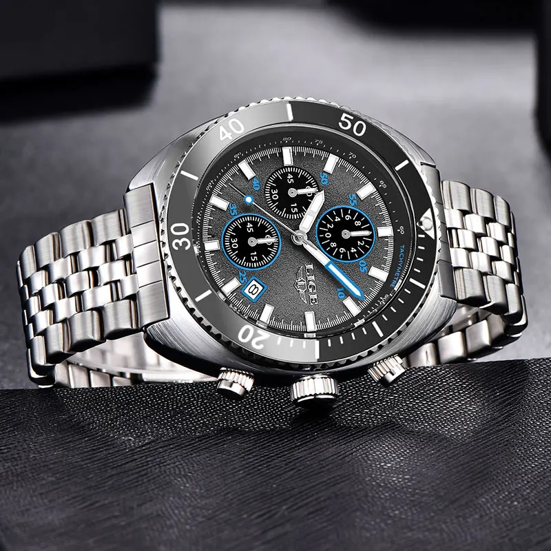 LIGE Fashion Mens Watch Stainless Steel Top Brand Luxury Sport Chronograph Quartz Watches For Men Wrist Watch Relogios Masculino