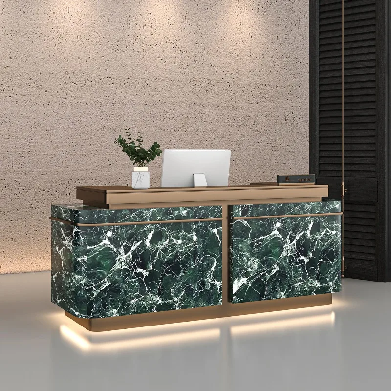 Company Front Desk Stainless Steel Imitation Marble Pattern Reception Desk Beauty Salon Cashier Counter Office Furniture FYRD