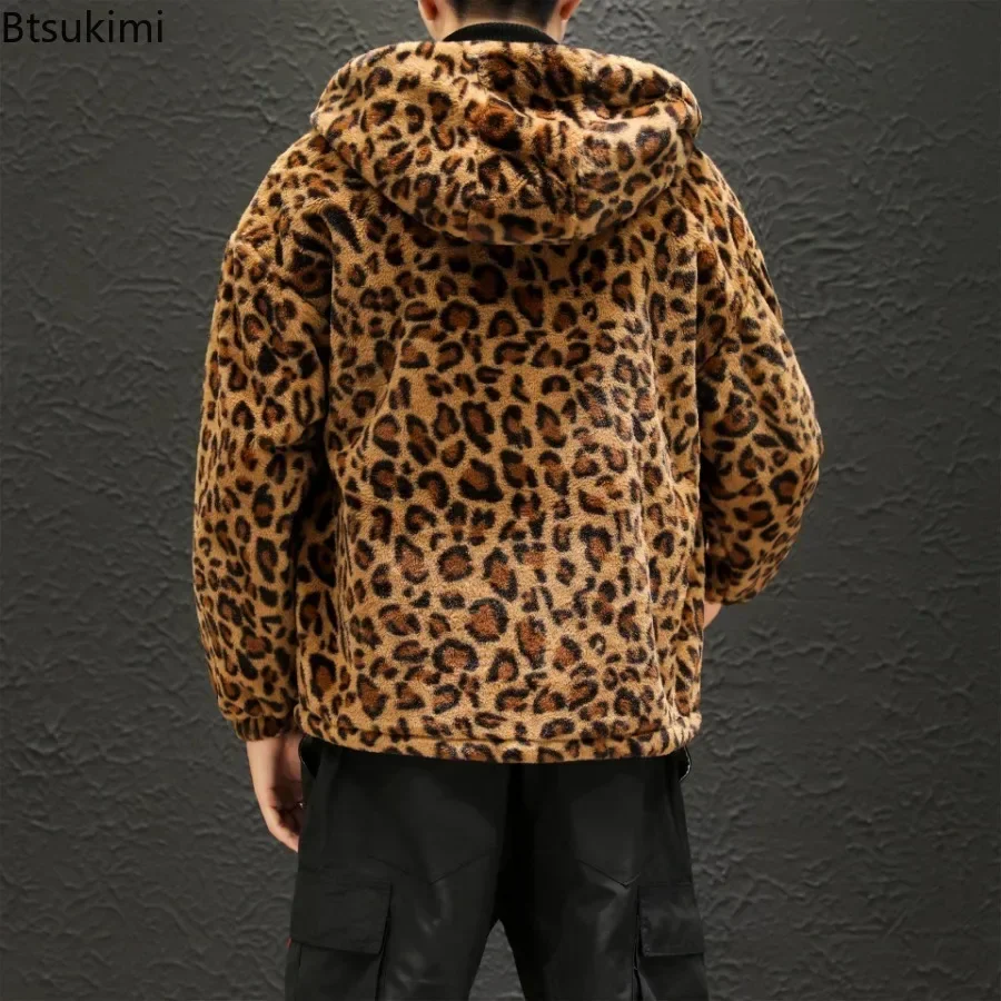 Men\'s Autumn Winter Hooded Jacket Fashion Couple Leopard Two-side Plush Zipper Coats Causal Loose Windbreaker Outerwear for Men