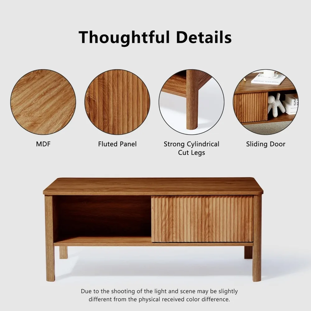 Mid Century Modern Coffee Table with Storage, Light Wood Finish, Rustic Fluted Design, Low for Living Room Use