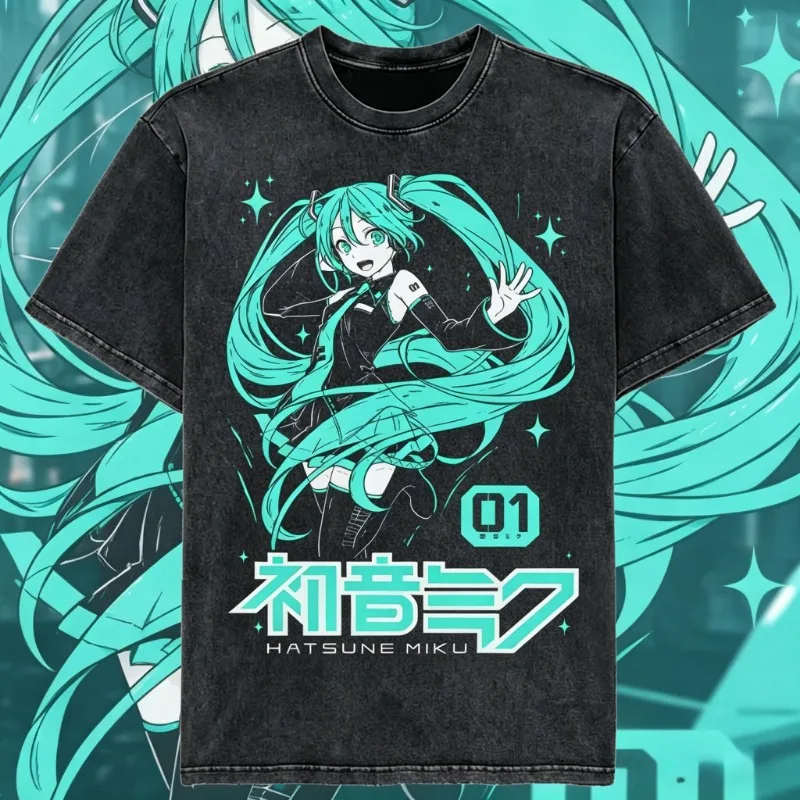 Camiseta Vintage Lavada de Anime Japonés Hatsune Miku Verano 2026 para Hombre y Mujer, Camisetas Gráficas Oversize de Streetwear, Tops Casuales de Algodón