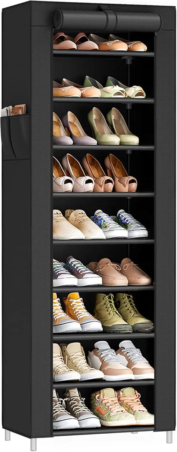 

10-ярусная подставка для обуви с пылезащитным чехлом, отдельно стоящий органайзер для хранения, вмещает 20 пар кроссовок и туфель на высоком каблуке, черный