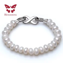 HENGSHENG Freshwater Pearl Bracelet With White Silver Clasp, 8-9mm AAAA Semiround Pearls For Mother's Day Bracelet 18cm Length