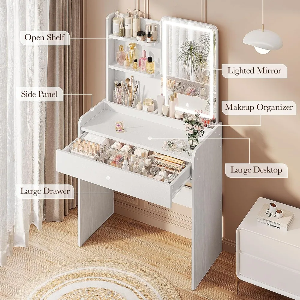 

Small Vanity Desk with Mirror and Lights, Makeup Vanity with Drawer & Storage Shelves, Vanity Desk with 3 Lighting, Customized