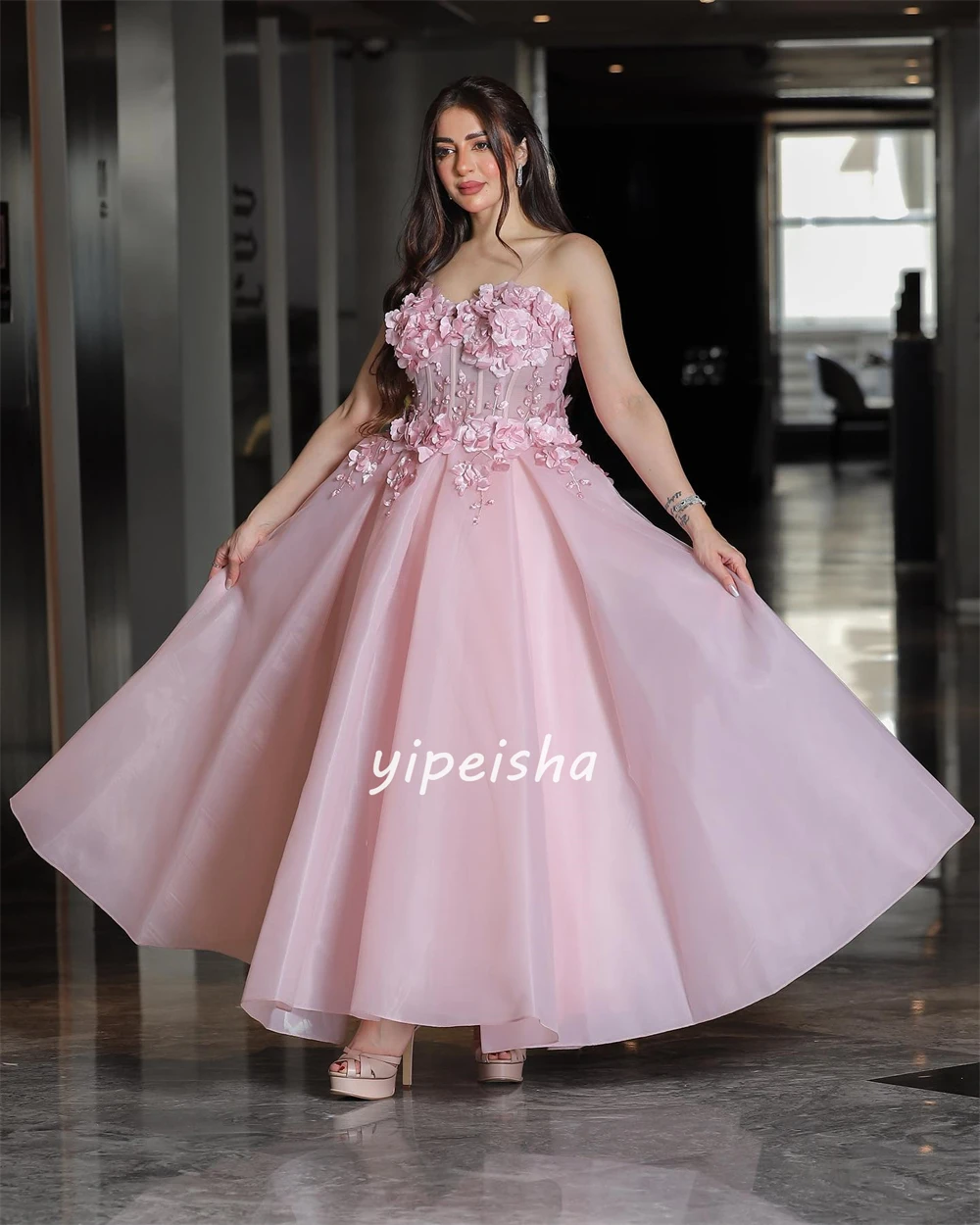 Personalizado organza flor festa de casamento a linha sem alças sob medida vestido de ocasião vestidos longos