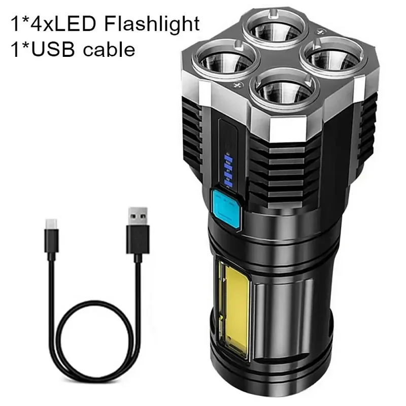 LED Powerful Flashlight COB Side Lamp Camping Long Range Flashlight Rechargeable Multifunctional Portable Flashlight 4 Beads