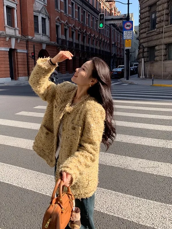 Benxe Platinum Scents Spring Autumn New Heavy Work Floral Lace round Ne Small Fraance Sle Women's Jaet Loose Fit Long...