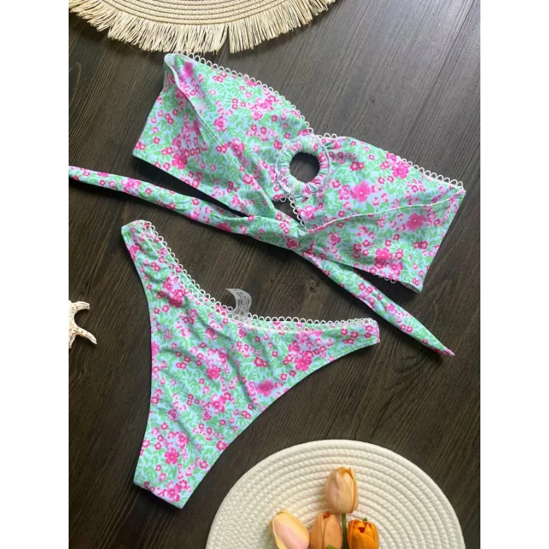 Floral Flowers Bandeau High Leg Cut Bikini Women Swimwear Female Swimsuit Two-pieces Bikini set Bather Bathing Suit Swim