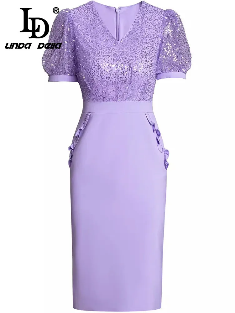 

LD LINDA DELLA 2024 Summer Fashion Dress Women Vintage Solid Color Sequins Ruffles Buttock Covering Split Net Yarn Dresses