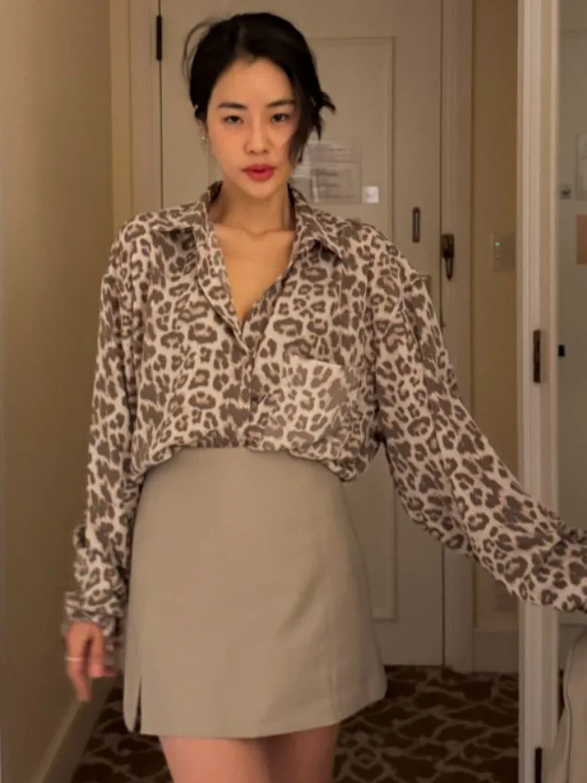 Chic vintage colletto alla coreana lungo Sve stampa leopardata chiffon sciolto da donna irt versatile design primaverile Faion a bottone singolo