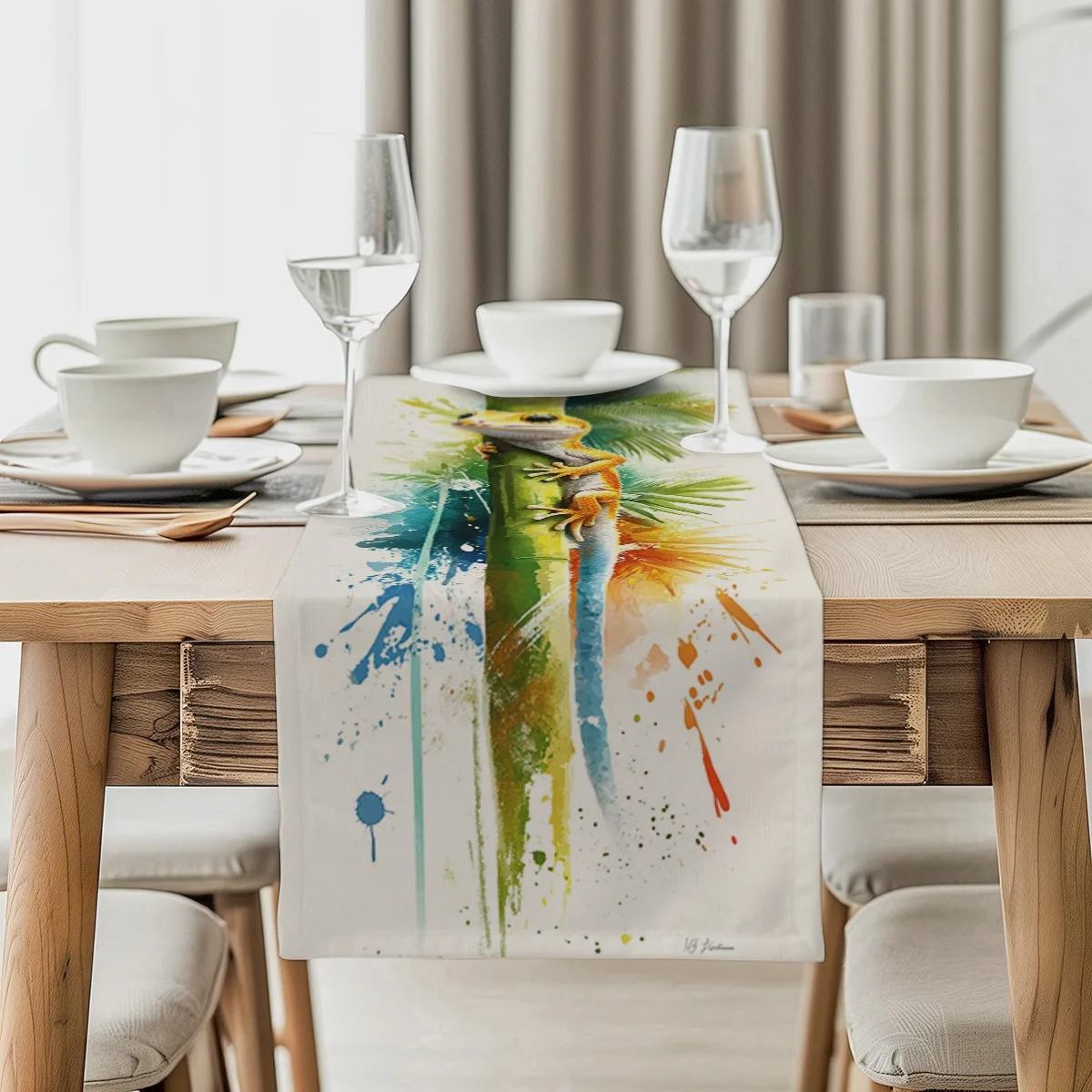 print table runner Gecko Tropical Watercolor Splash Painting Table Flag for Kitchen, Dining Room, Outdoor Garden Parties Polyest