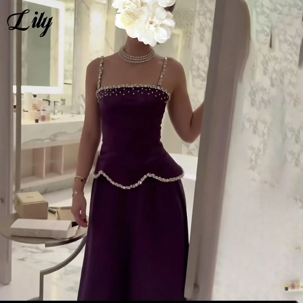 

Lily Purple Stain Party Dress Sleeveless Evening Gown with Beading Pleats Spaghetti Strap Simple Sequin Prom Dresses Customized