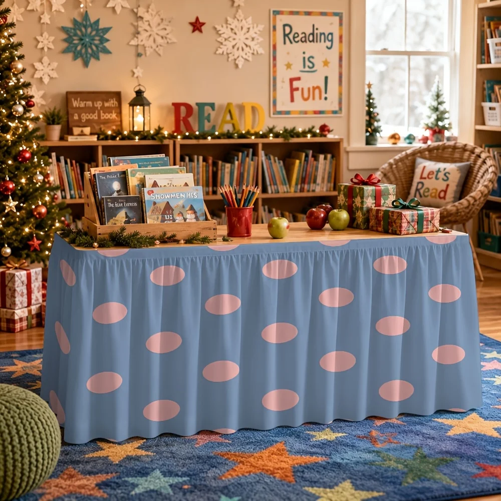 1 light blue and pink polka dot tablecloth table skirt, suitable for party events, kitchen and dining room decoration