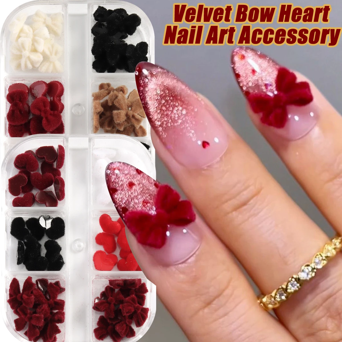 

Valentine's Velvet Winter Wine Red Black Flocking Bow Design Nail Accessories DIY Bow Tie Heart Shape Nail Art Supplies Nail Art